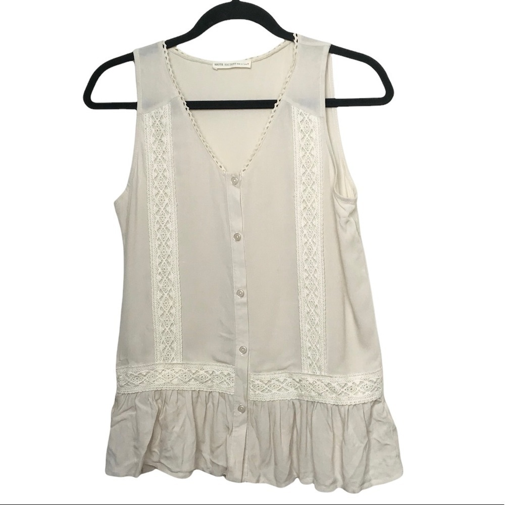 Haute Society Beige Sleeveless Button Up Shirt